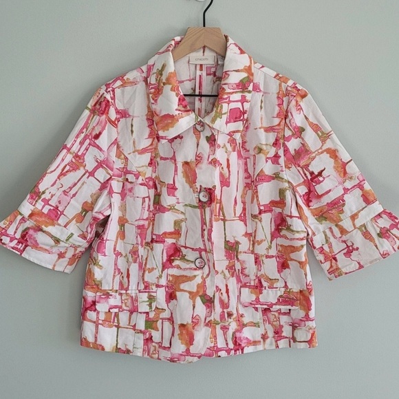 Chicos SZ 3, pink, green and white watercolor, w/pockets Artsy Print Jacket - Picture 1 of 5